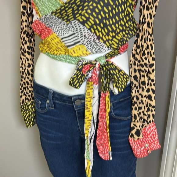 Anthropologie BInk Leopard Patchwork Blouse Wrap Top Tie Closure Shirt Sz XS - Picture 6 of 11